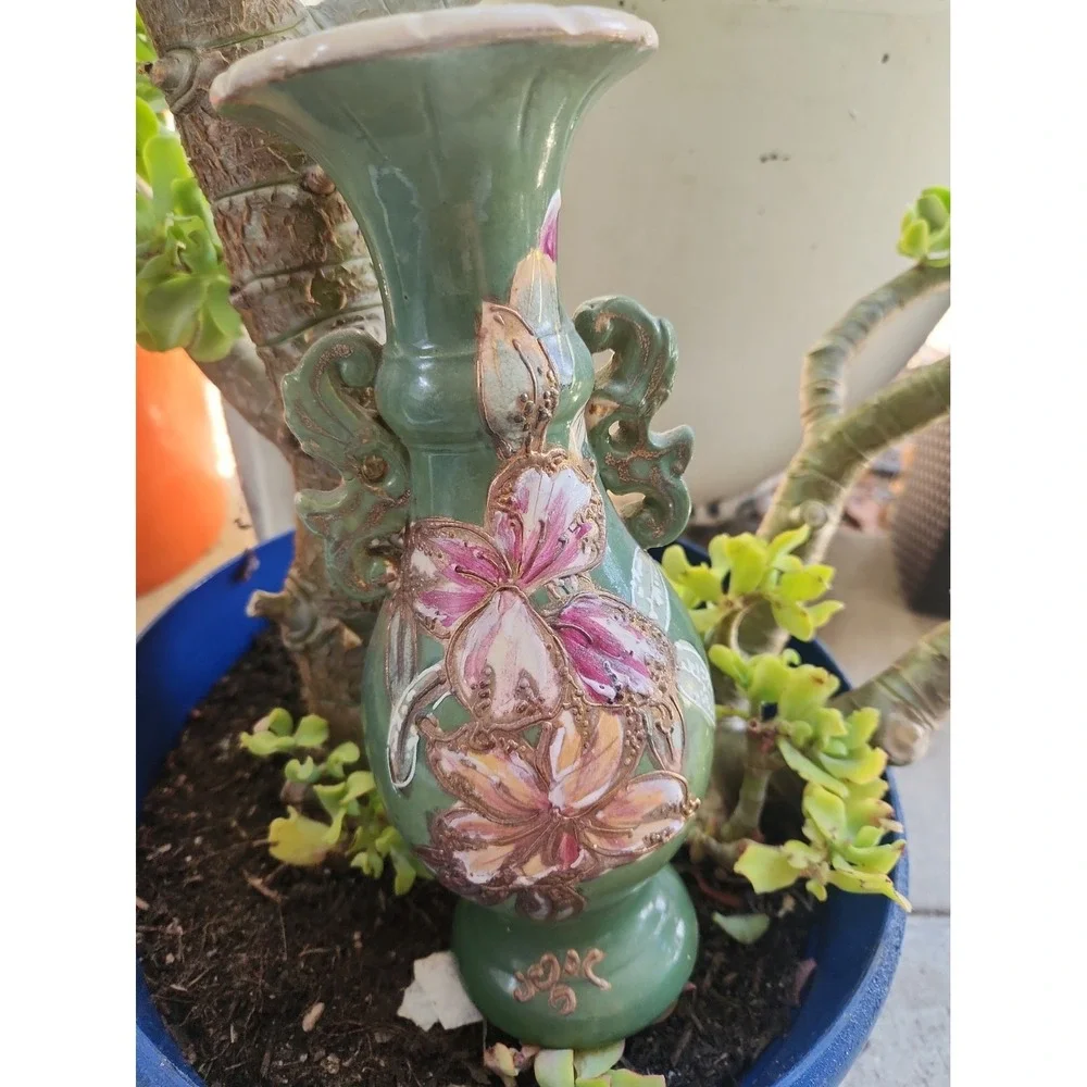 Vtg Japanese Moriage Satsuma Vase Double Handle Green Pink Floral Gold Guilt 10